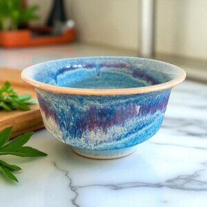 Clarksville Pottery Drip Glaze Bowl 6.5 Inch W Blue Signed Fuelau Stoneware